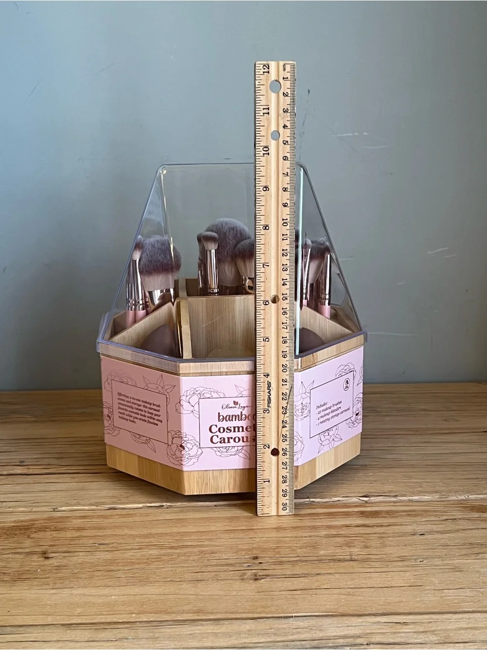 Bamboo Cosmetic Brush Carousel - Pink & Natural Wood